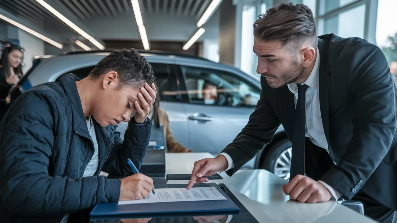 Stressed car buyer pressured by aggressive salesman at dealership desk