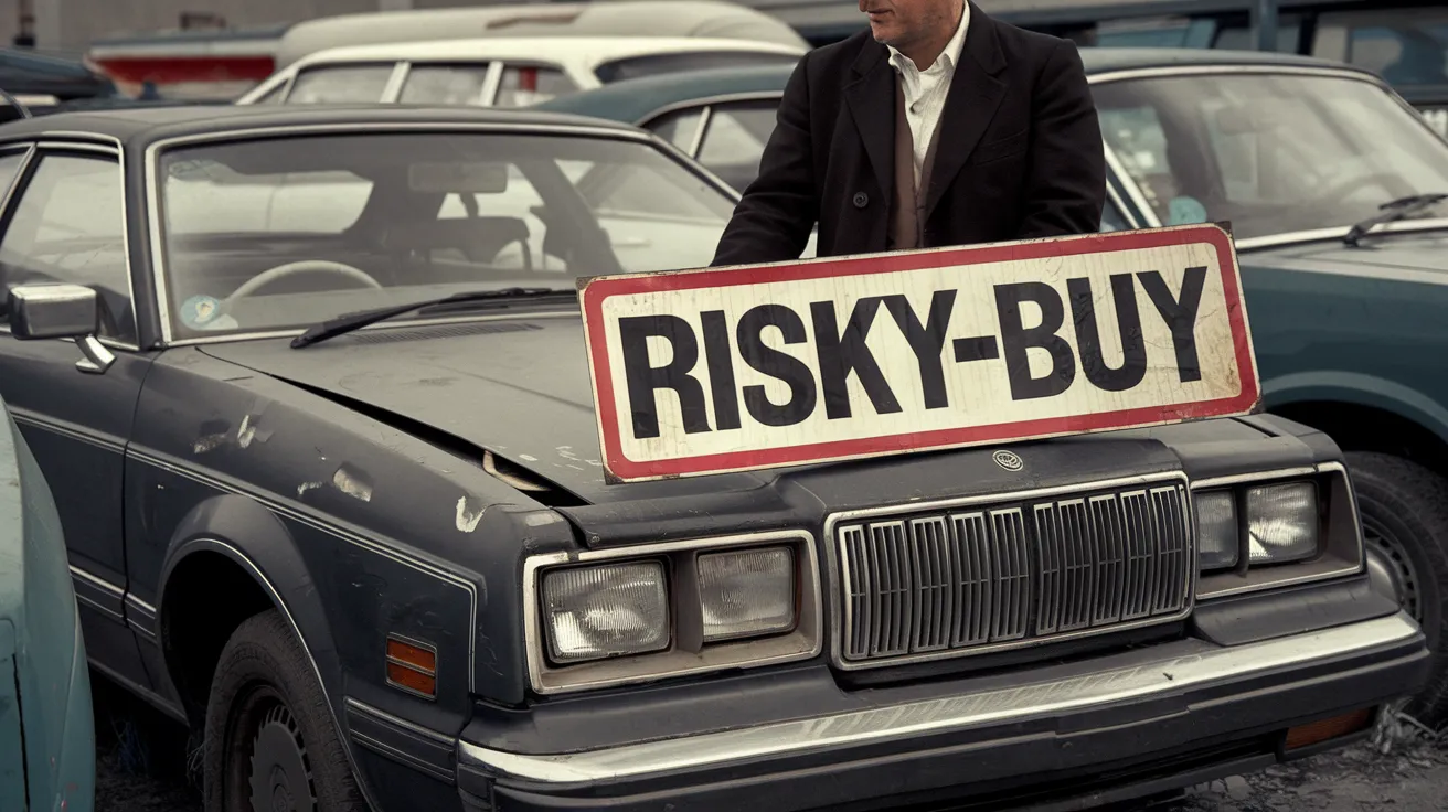 Used car with 'RISKY-BUY' sign highlighting potential dangers in used car purchases