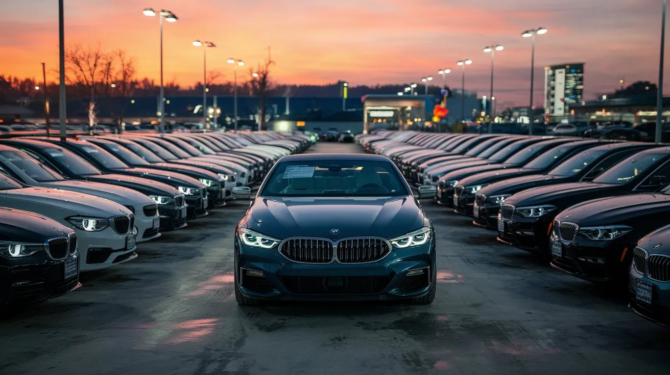 Luxury BMW stands out among regular cars on used car lot at dusk