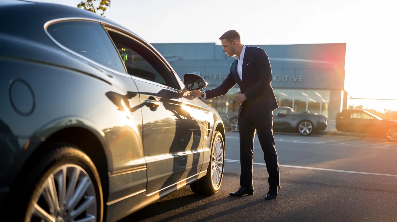 Customer performing professional walkaround inspection of used car during golden hour at dealership