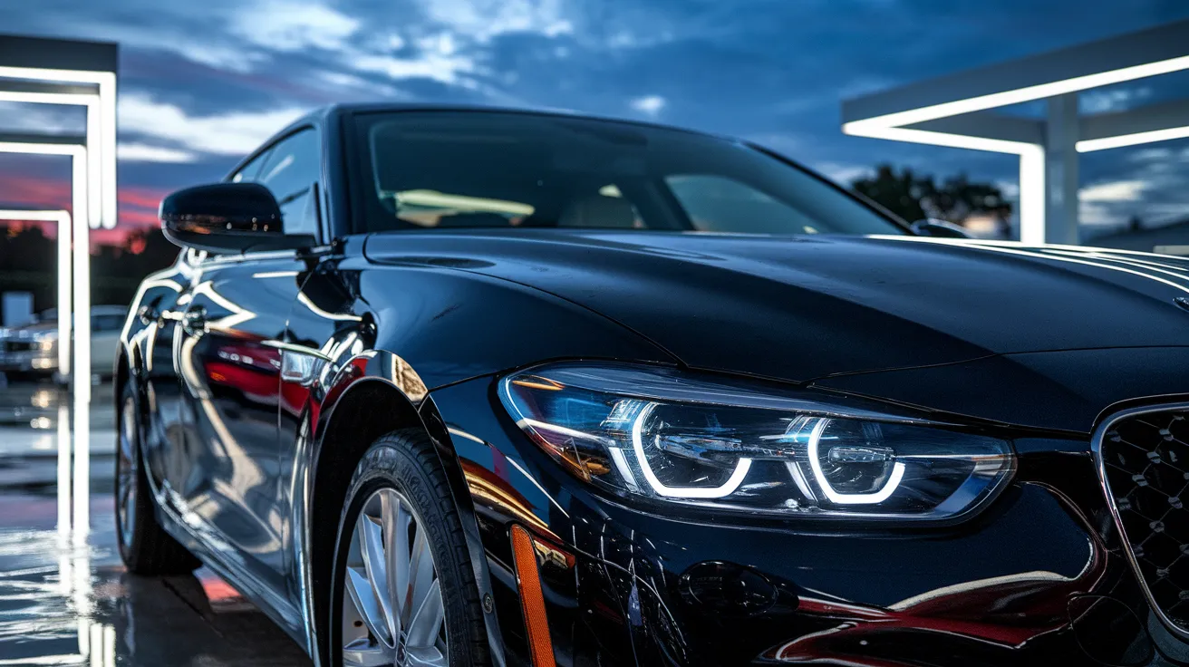 Dealer's lot at dusk showing a polished used car with subtle imperfections visible beneath the shine