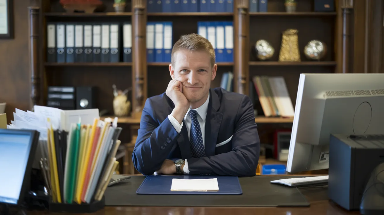 Confident finance manager with smug expression sitting at dealership desk.