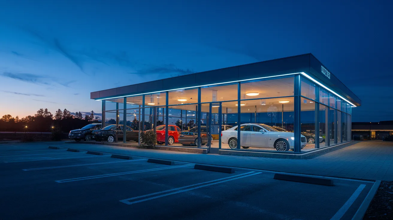 Professional twilight photograph of a Spokane used car dealership lot with available spaces - challenging the 'no availability' sales tactic