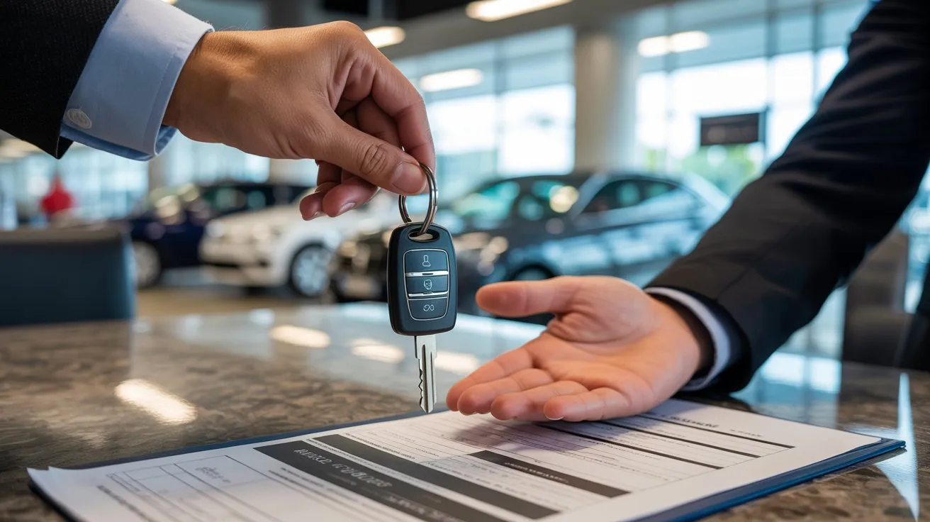 Car keys being handed over at a dealership trade-in counter, representing the money lost in the trade-in process