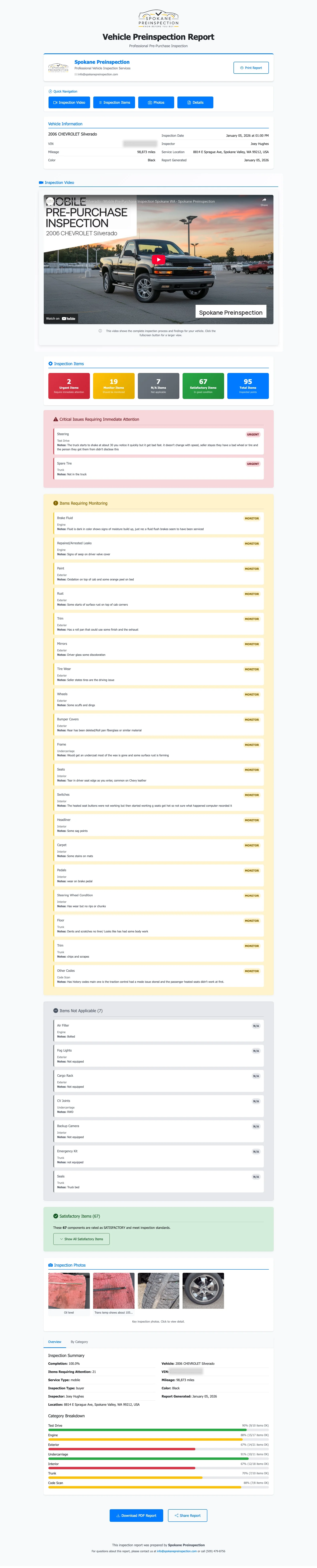 Spokane Preinspection inspection report showing vehicle summary, severity-coded issues, embedded video, and detailed inspection items organized by category