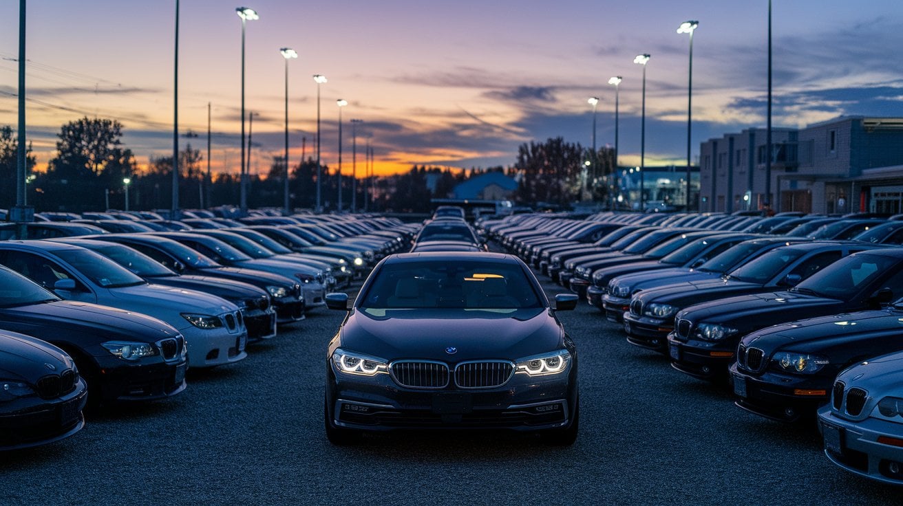 Used car lot at dusk - Spokane vehicle inspection service area
