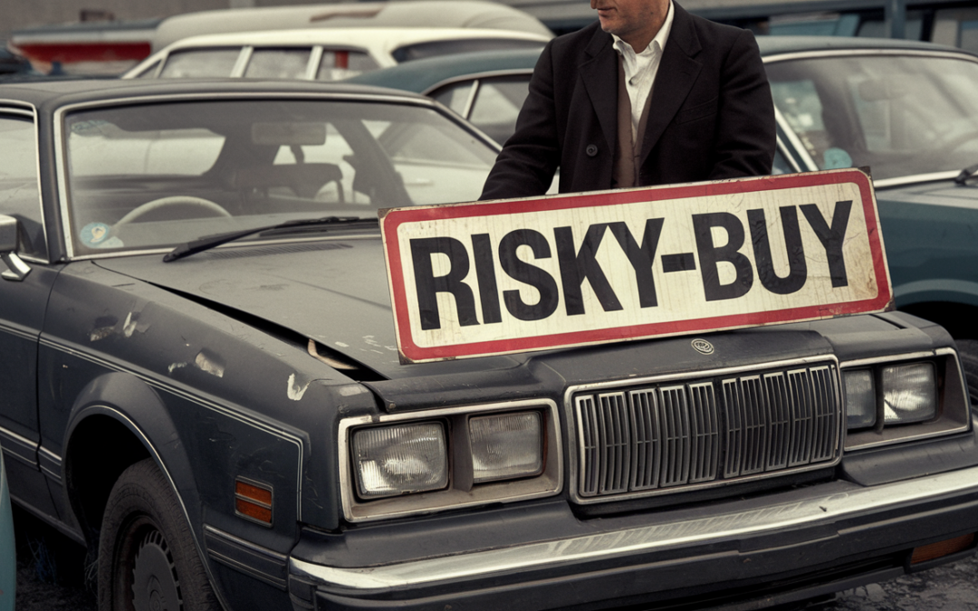 Used car with 'RISKY-BUY' sign highlighting potential dangers in used car purchases