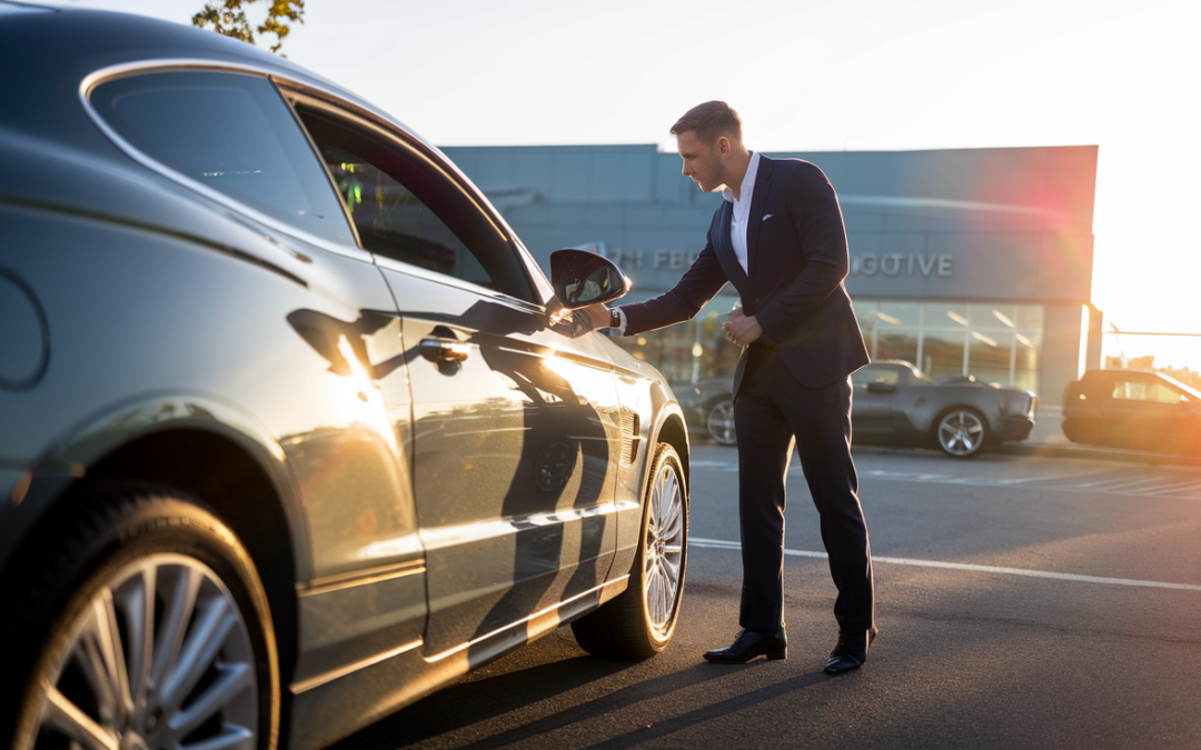 Customer performing professional walkaround inspection of used car during golden hour at dealership