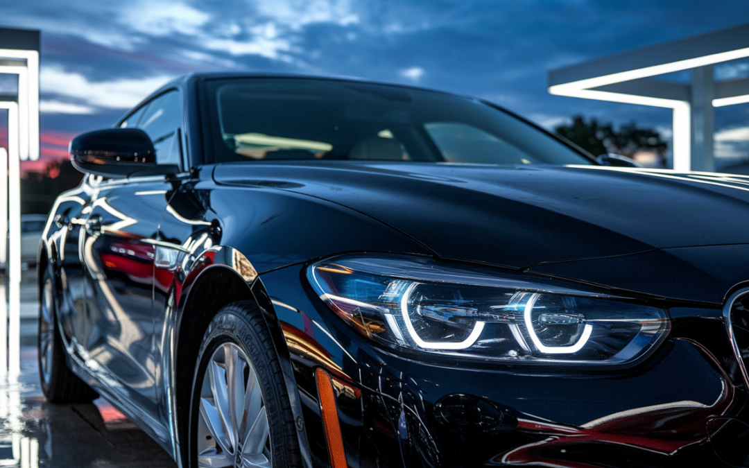 Dealer's lot at dusk showing a polished used car with subtle imperfections visible beneath the shine