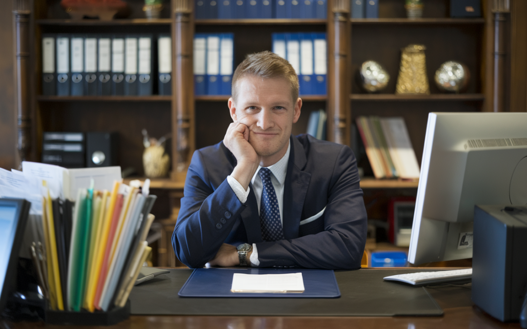 Confident finance manager with smug expression sitting at dealership desk.