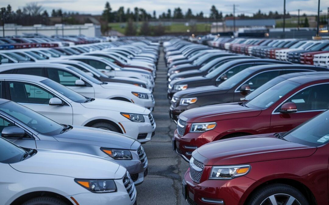 Used car dealership lot in Spokane Washington with rows of pre-owned vehicles