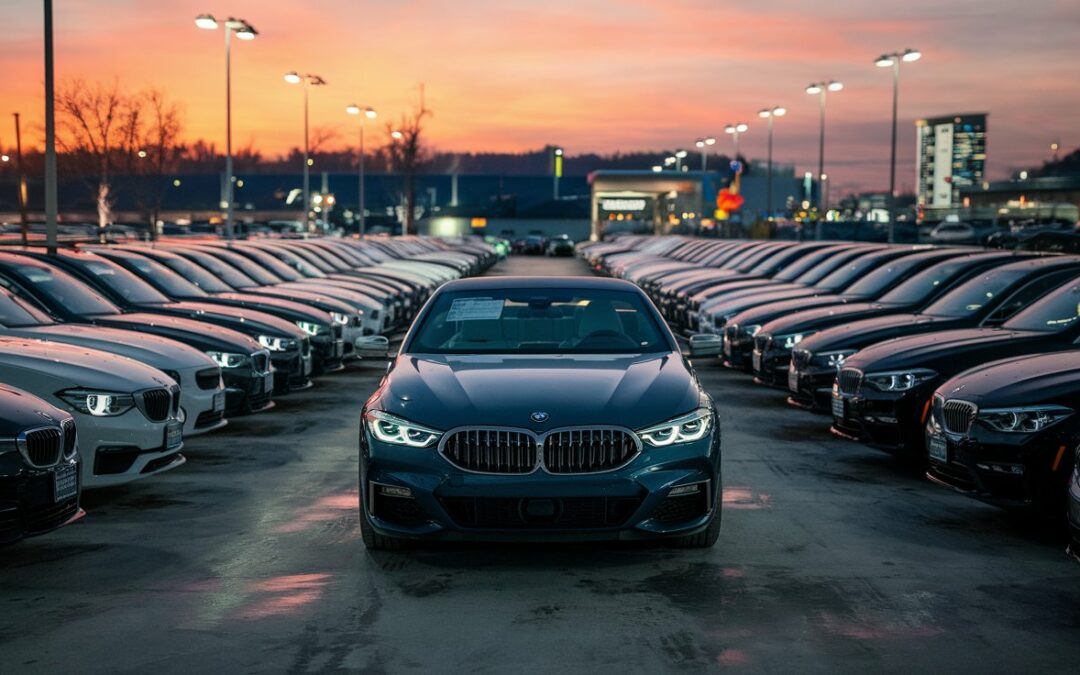 Luxury BMW stands out among regular cars on used car lot at dusk