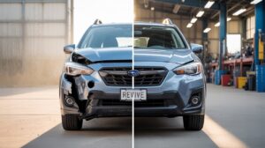 Before and after comparison of Subaru Crosstrek showing salvage damage repair transformation from collision to restored condition in Spokane