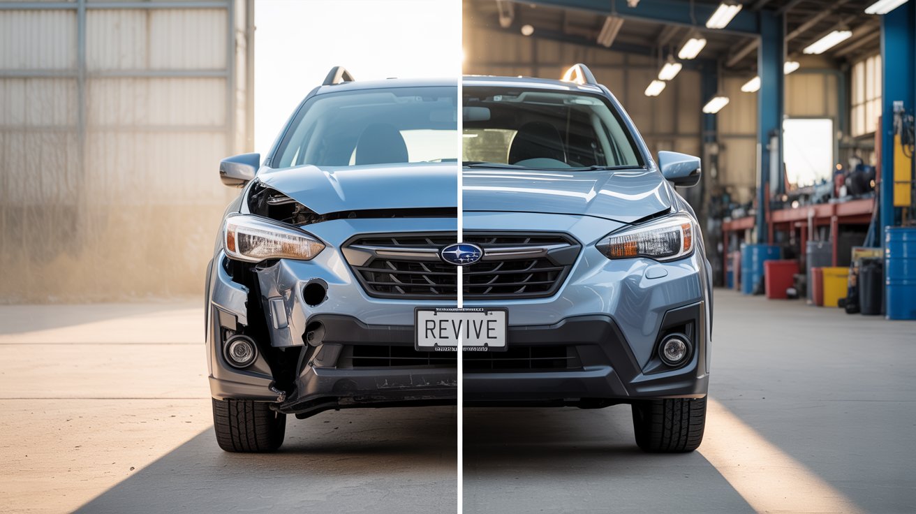 Before and after comparison of Subaru Crosstrek showing salvage damage repair transformation from collision to restored condition in Spokane