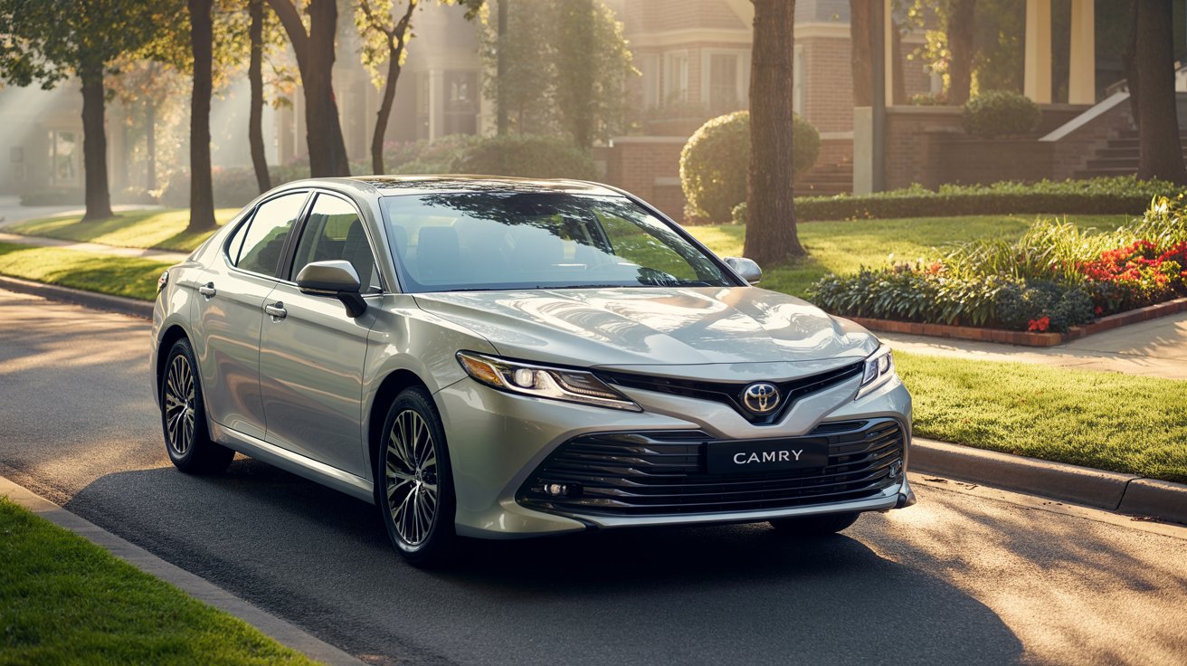 High-quality, professional, marketing photo of a white 2020 Toyota Camry in a Spokane, WA residential setting.