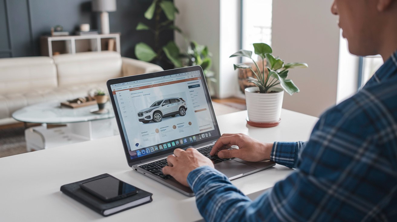 Out-of-state buyer reviewing professional vehicle inspection video on laptop while Spokane used car sits in background, demonstrating remote car buying process