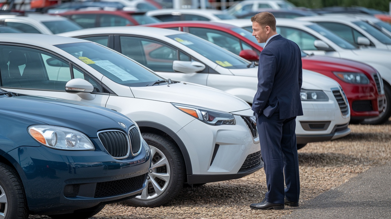 Professional car buyer inspecting used vehicles at Spokane dealership lot
